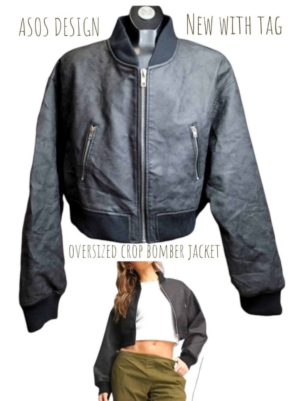 ASOS DESIGN Women's Vegan faux leather crop bomber jacket 14 black